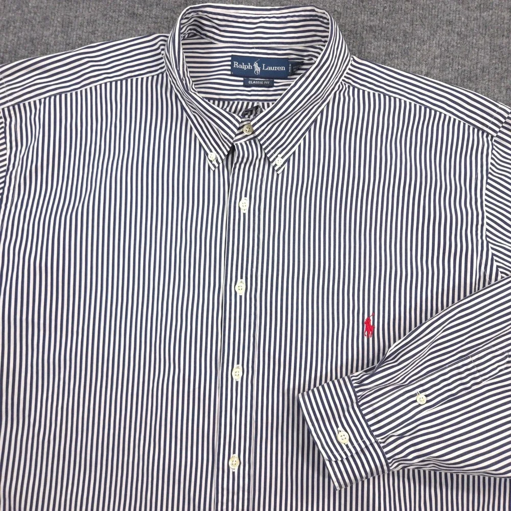 Vintage Ralph Lauren Shirt Mens 3XB Navy White Striped Red Pony Classic Fit 90s